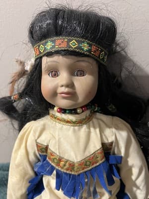 Native American Doll with Baby, Leather Beaded White Fringe Dress, 16” Handmade