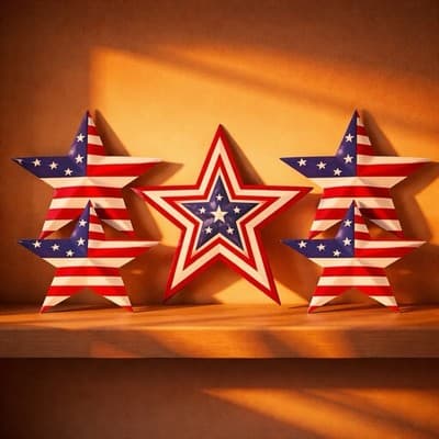 A Set of Five Modern Decorative Stars with American Flag Motifs. Made In USA New - Thumbnail 2