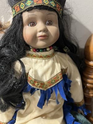 Native American Doll with Baby, Leather Beaded White Fringe Dress, 16” Handmade - Thumbnail 3
