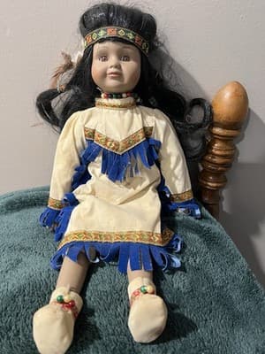 Native American Doll with Baby, Leather Beaded White Fringe Dress, 16” Handmade - Thumbnail 8