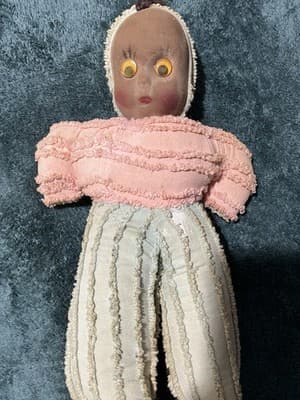 A Handmade Fabric Doll with Googly Eyes and Vintage Clothing. Antique. Handmade - Thumbnail 2