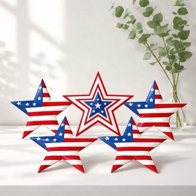 A Set of Five Modern Decorative Stars with American Flag Motifs. Made In USA New - Thumbnail 3