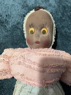 A Handmade Fabric Doll with Googly Eyes and Vintage Clothing. Antique. Handmade - Thumbnail 3