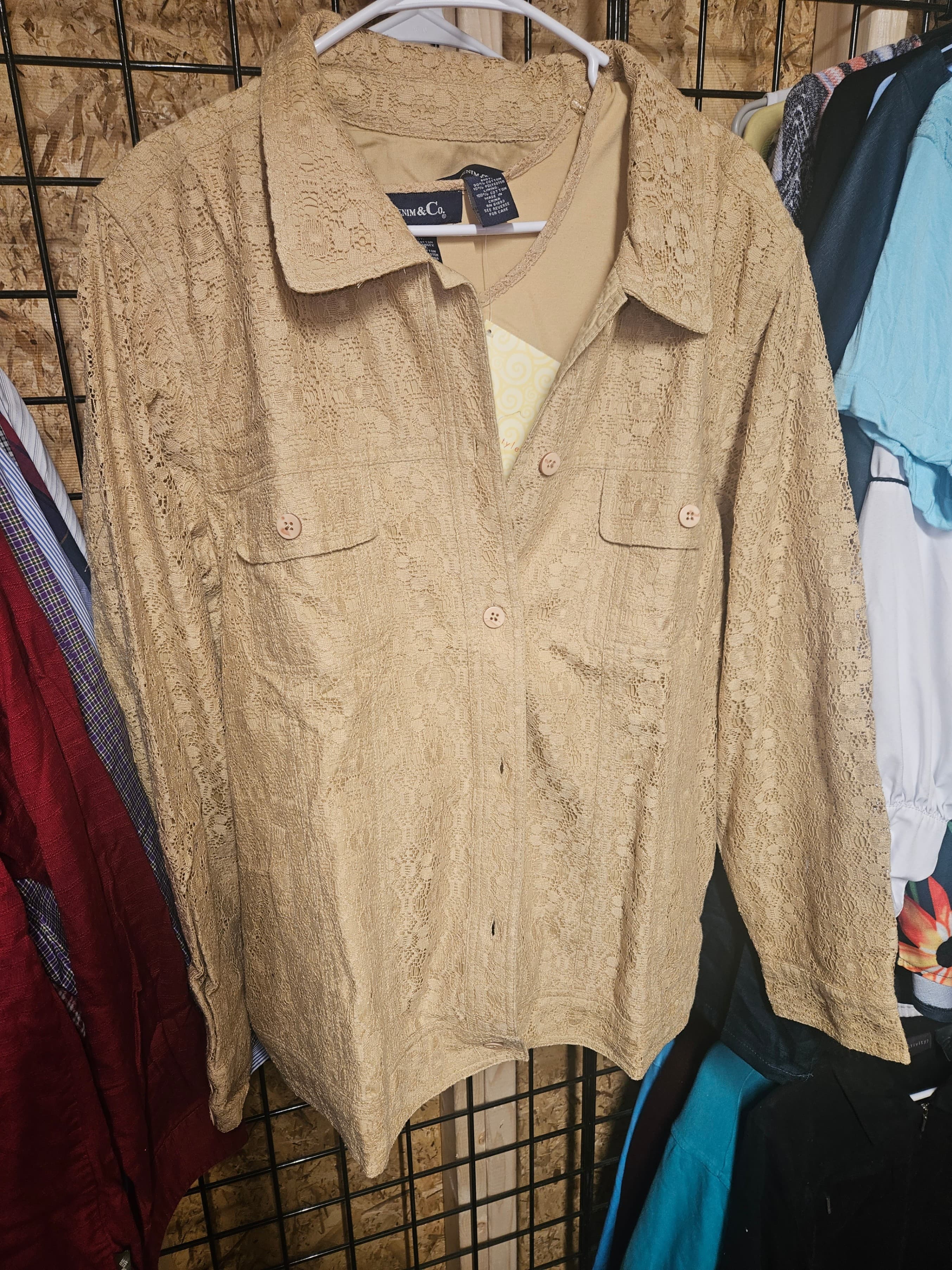 Kim & Co Lace Button-Up Shirt Beige Long Sleeve