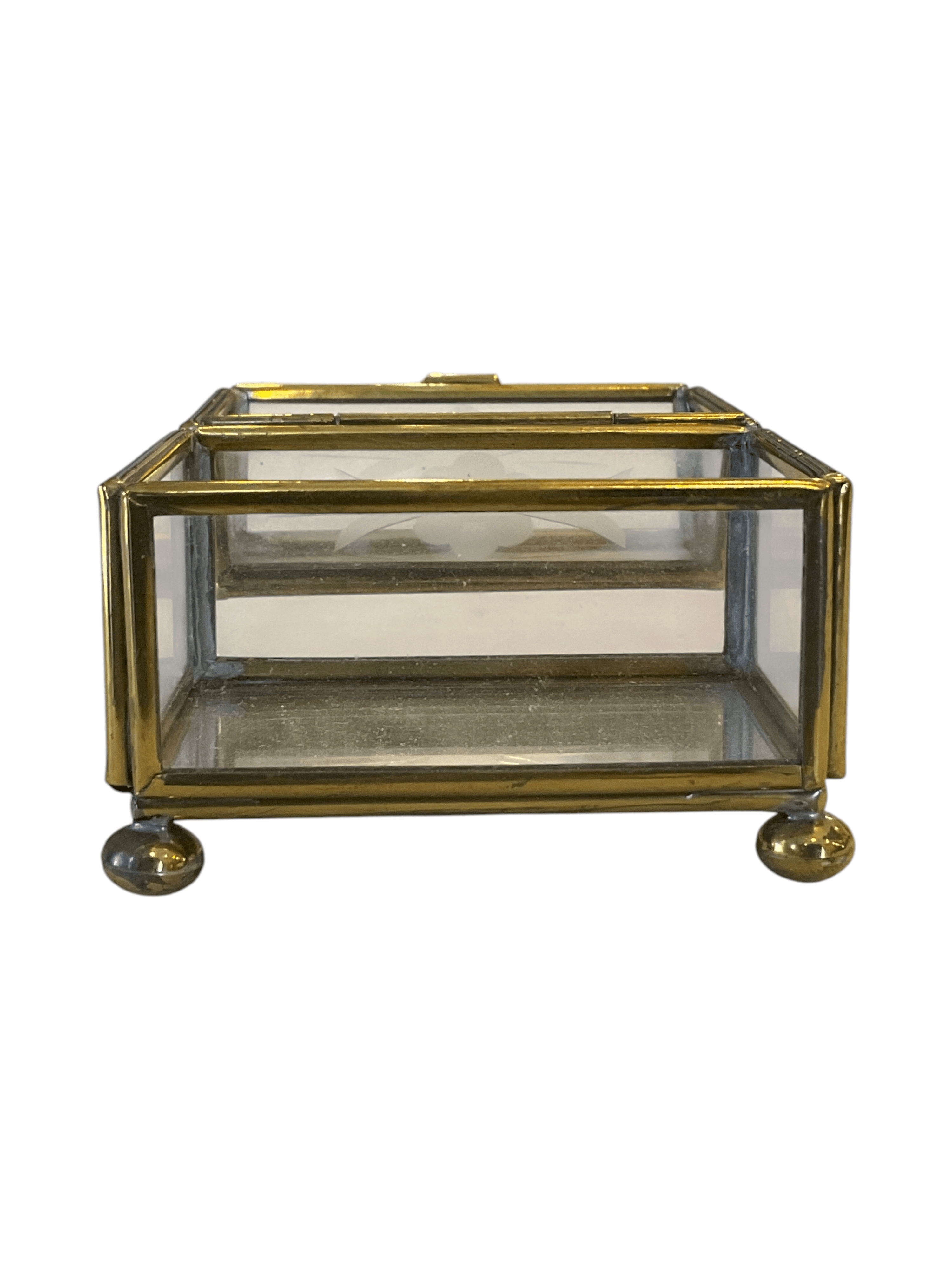 Glass Trinket Box with Brass Frame and Floral Etching - Thumbnail 2