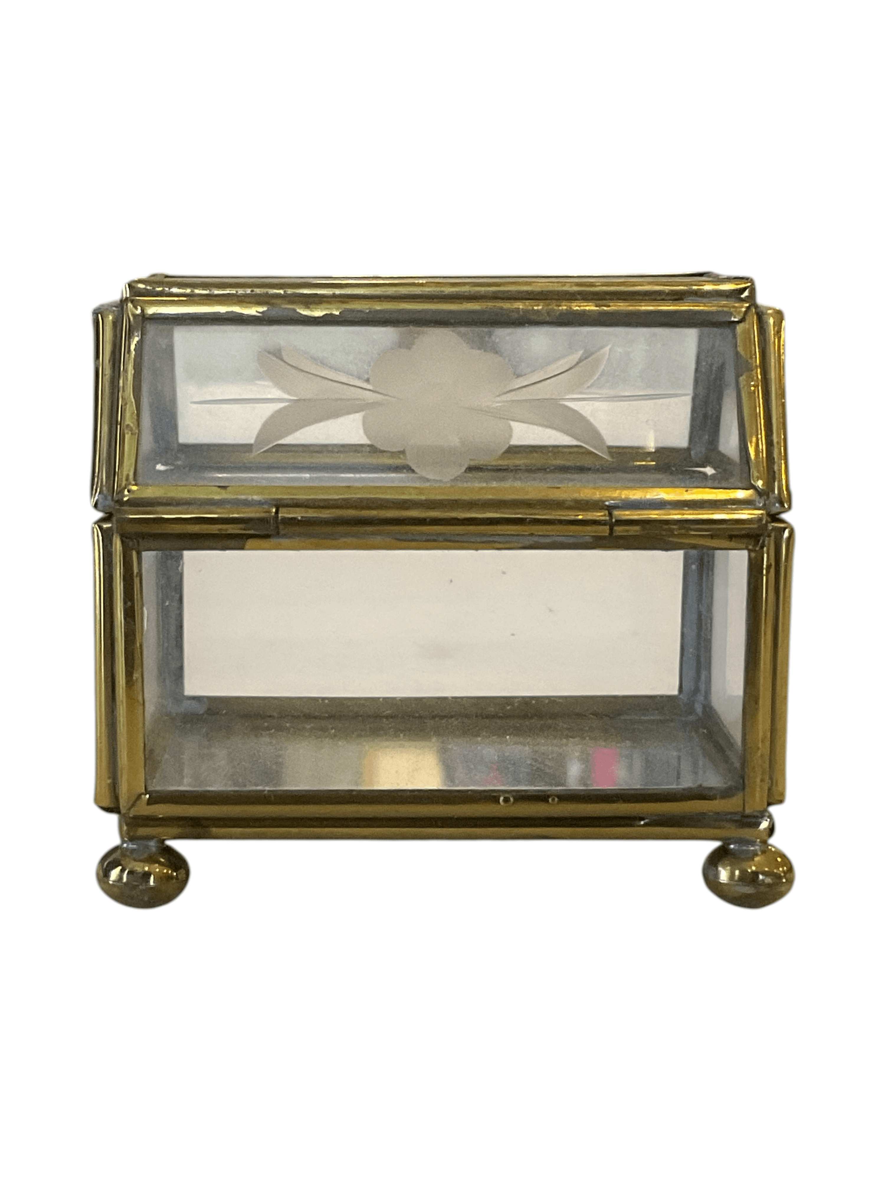 Glass Trinket Box with Brass Frame and Floral Etching - Thumbnail 4