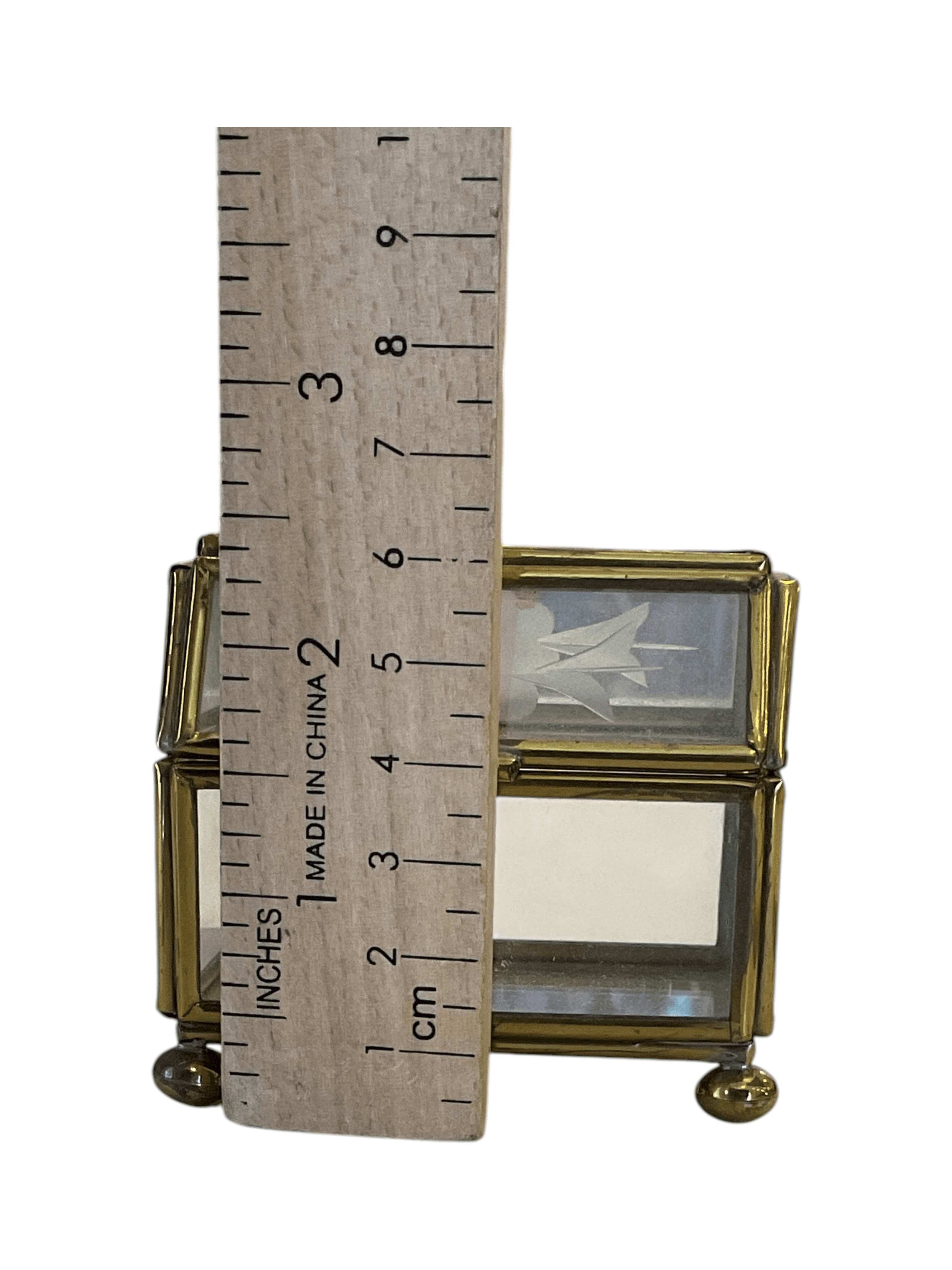 Glass Trinket Box with Brass Frame and Floral Etching - Thumbnail 8