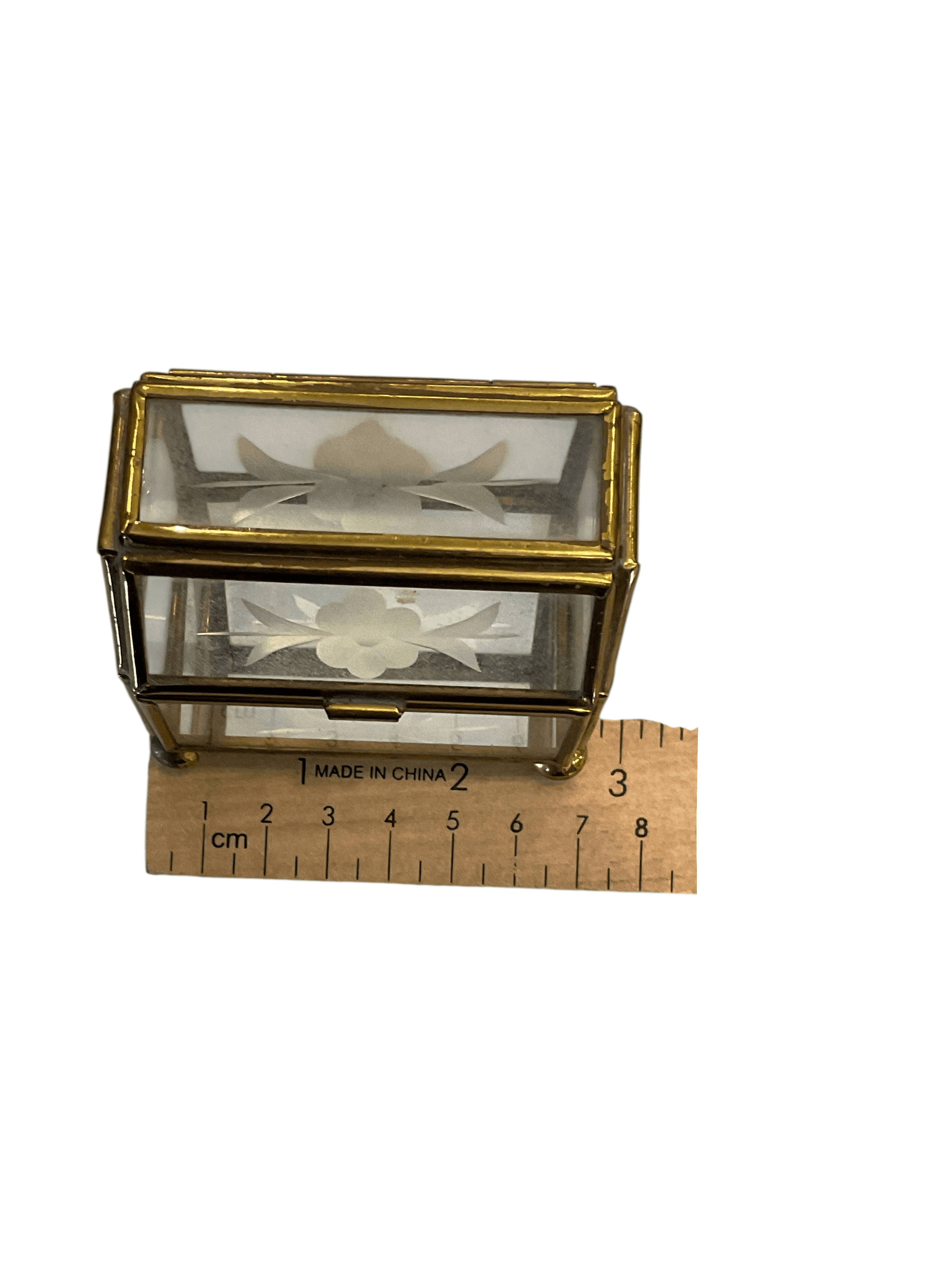 Glass Trinket Box with Brass Frame and Floral Etching - Thumbnail 7