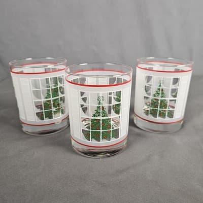 3 Vintage Waechtersbach Christmas Tree Low Ball Glasses Frosted Windowpane