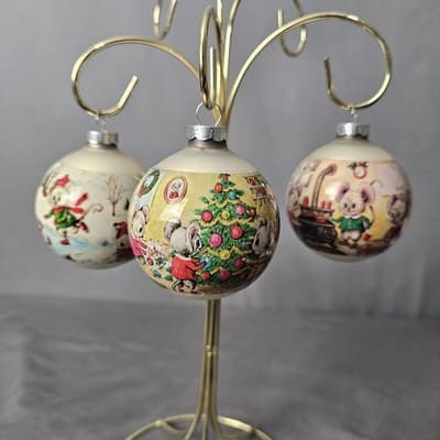 Vintage Corning Glass White Plastic Mice Christmas Ornaments USA Set of 3