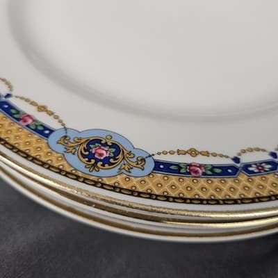 T&V Limoges Dinner Plates Blue & Gold Garland with Pink Roses Set of 3. 9.75" - Thumbnail 2