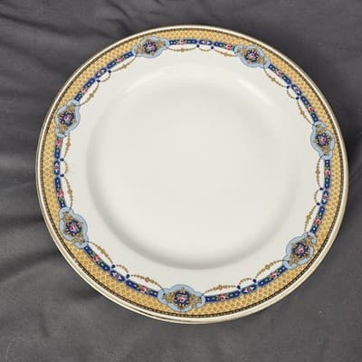 T&V Limoges Dinner Plates Blue & Gold Garland with Pink Roses Set of 3. 9.75"