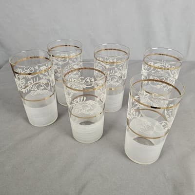 Vintage MCM Frosted Floral Swirl Gold Trim Tumblers Glasses Set of 6 - Thumbnail 2