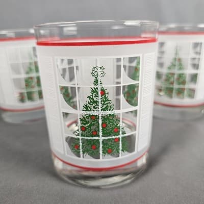 3 Vintage Waechtersbach Christmas Tree Low Ball Glasses Frosted Windowpane - Thumbnail 3