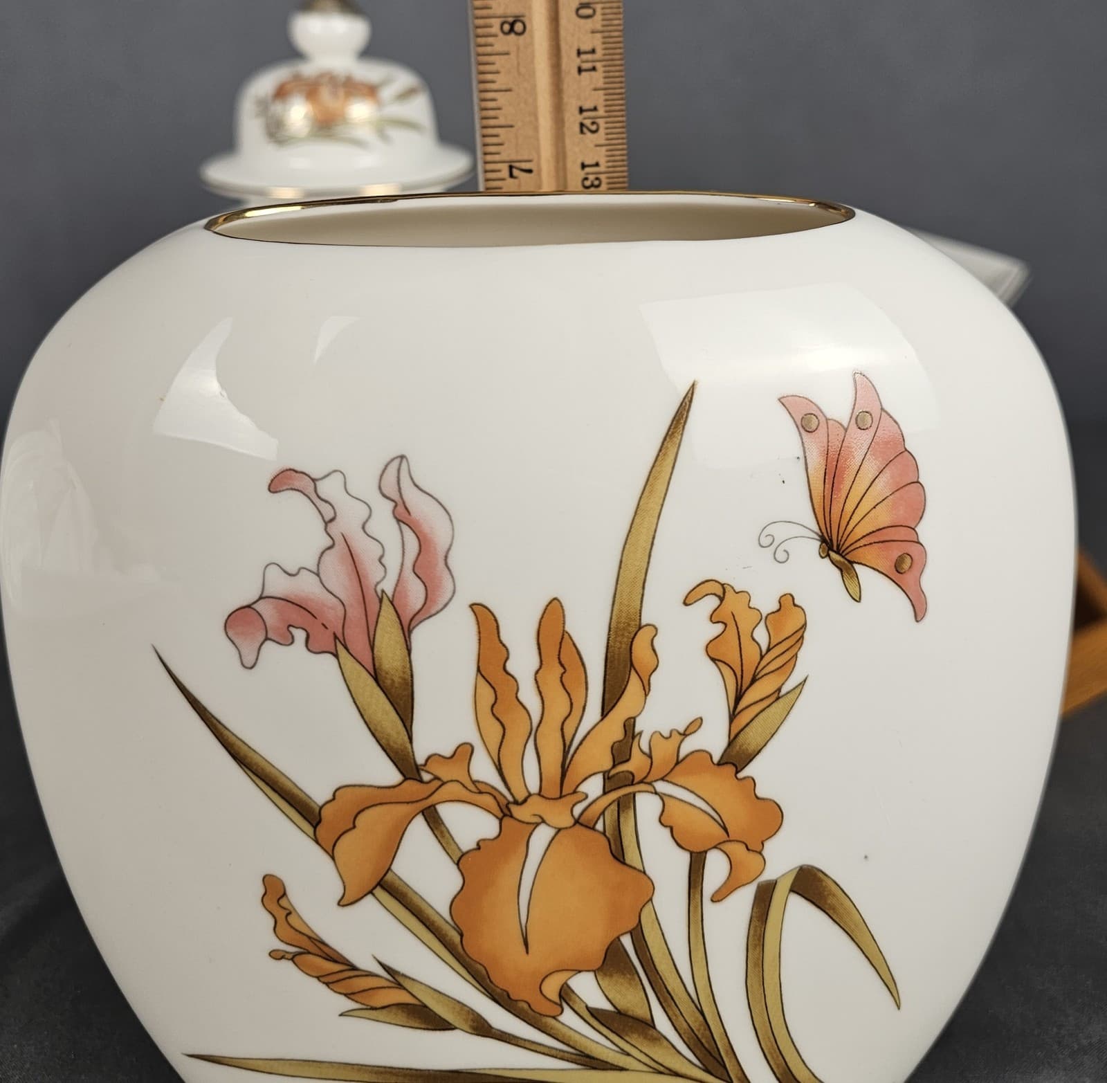 Vintage ORANGE IRIS Planter Ginger Jar & Vase Fine China - Thumbnail 19