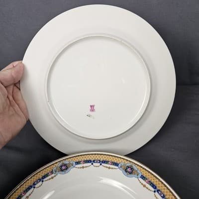 T&V Limoges Dinner Plates Blue & Gold Garland with Pink Roses Set of 3. 9.75" - Thumbnail 4