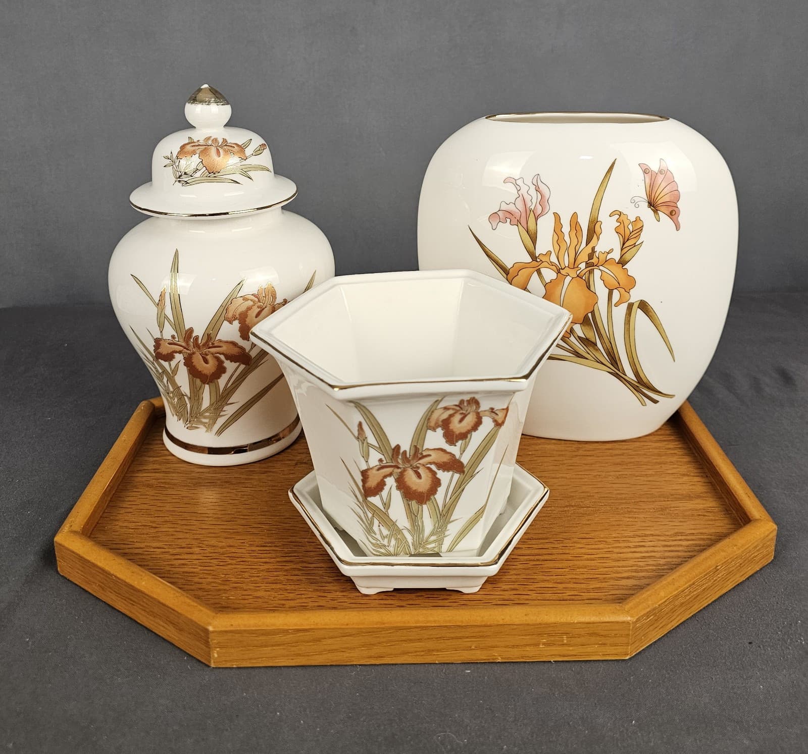 Vintage ORANGE IRIS Planter Ginger Jar & Vase Fine China