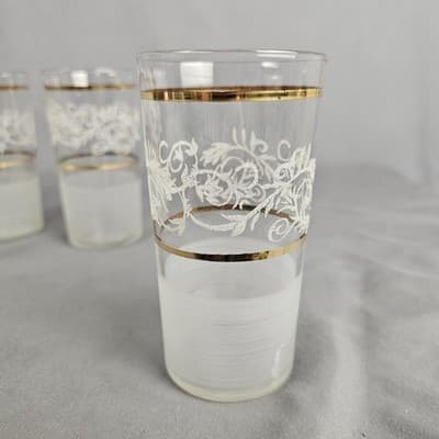 Vintage MCM Frosted Floral Swirl Gold Trim Tumblers Glasses Set of 6 - Thumbnail 4