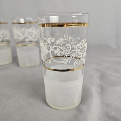 Vintage MCM Frosted Floral Swirl Gold Trim Tumblers Glasses Set of 6 - Thumbnail 3