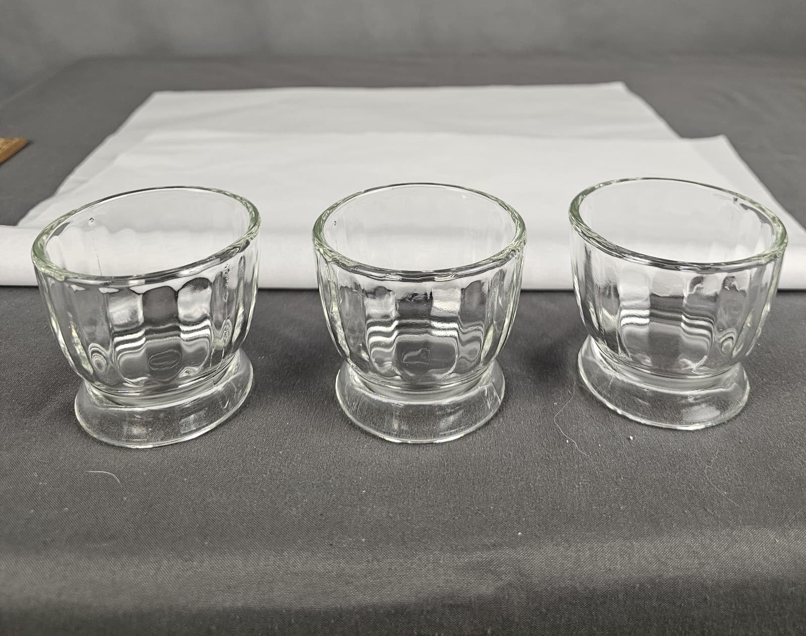 3 VTG Ribbed Etched Footed Clear Glass Egg Dessert Sherbet Dishes Jeanette Glass