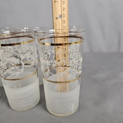 Vintage MCM Frosted Floral Swirl Gold Trim Tumblers Glasses Set of 6 - Thumbnail 9