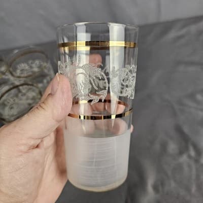 Vintage MCM Frosted Floral Swirl Gold Trim Tumblers Glasses Set of 6 - Thumbnail 7