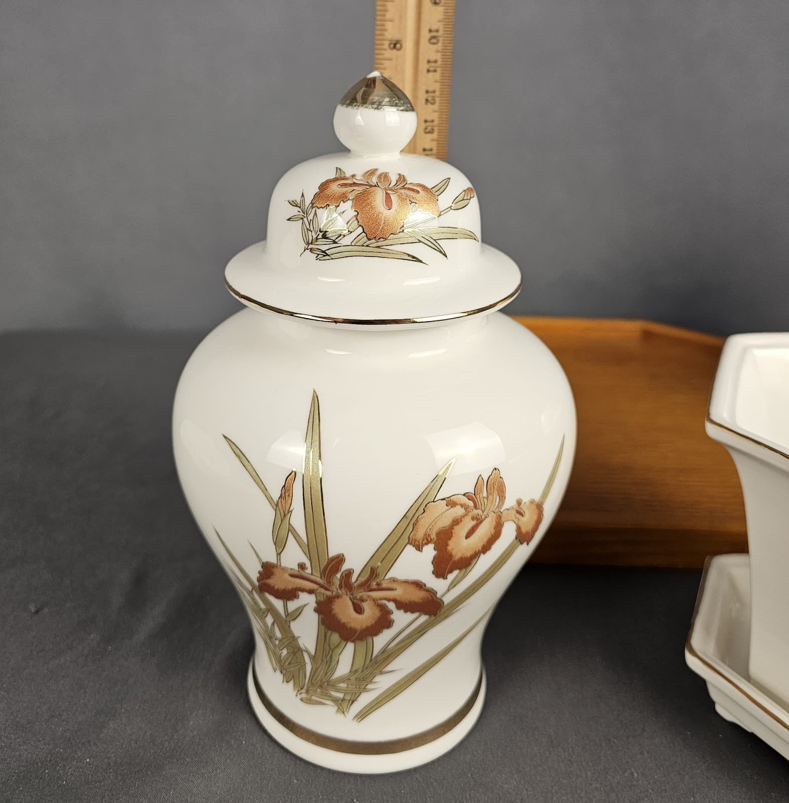 Vintage ORANGE IRIS Planter Ginger Jar & Vase Fine China - Thumbnail 16
