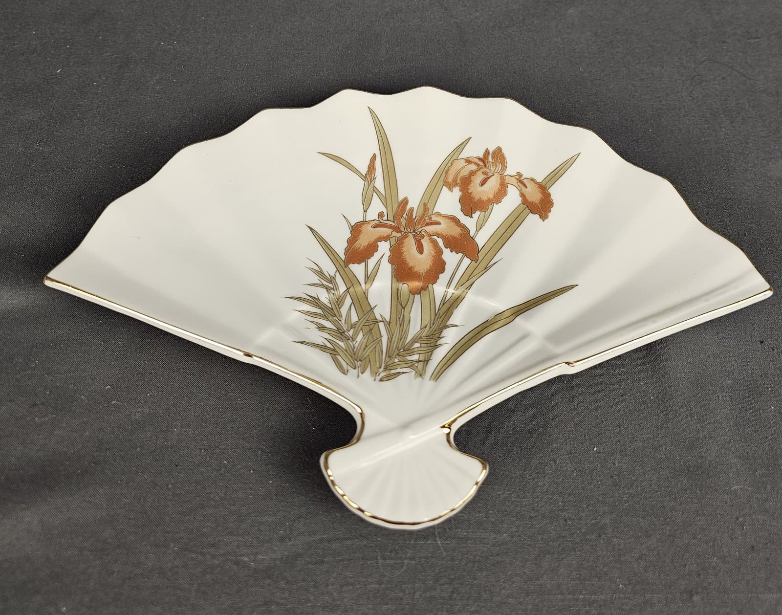 Japanese Fine China By Jay ~ Asian Japan Fan Trinket Dish Gold Trim