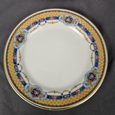 T&V Limoges Dessert Plates 6" Blue & Gold Garland with Pink Roses Set of 4