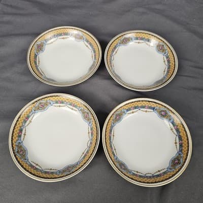 T&V Limoges 5" Fruit Dessert Bowls Blue & Gold Garland with Pink Roses Set of 4