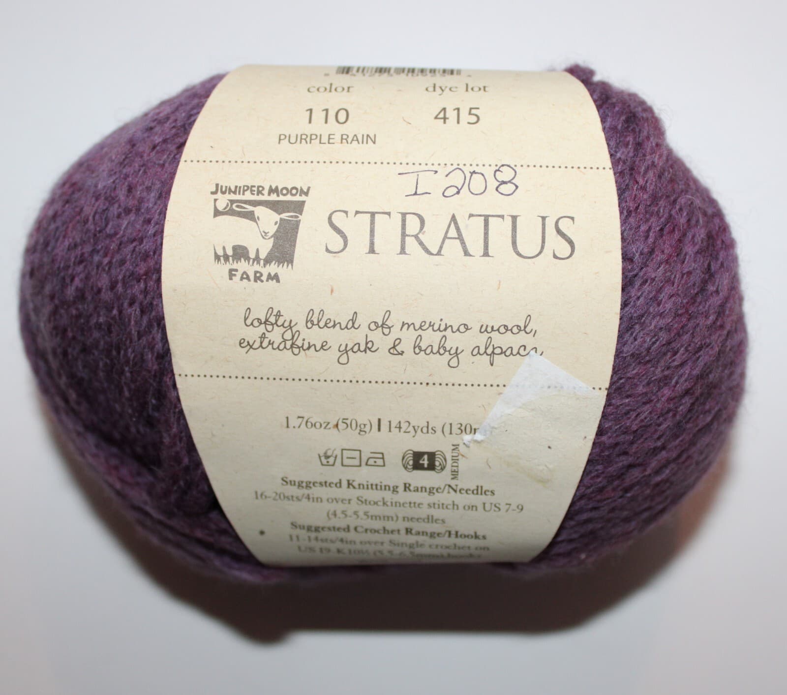 Juniper Moon Farm Yarn Stratus Col 110 Purple Wool Yak Alpaca nylon 1.76oz 142yd
