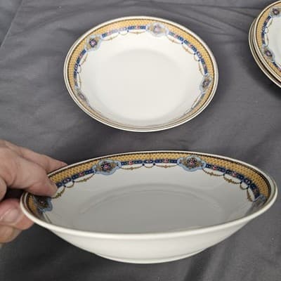 T&V Limoges 7.75 Soup Salad Bowls Blue & Gold Garland with Pink Roses Set of 2 - Thumbnail 2