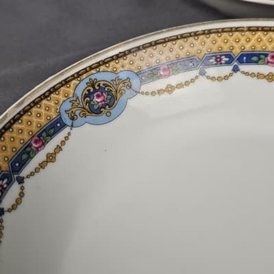 T&V Limoges 7.75 Soup Salad Bowls Blue & Gold Garland with Pink Roses Set of 2 - Thumbnail 5