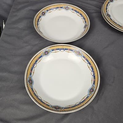 T&V Limoges 7.75 Soup Salad Bowls Blue & Gold Garland with Pink Roses Set of 2