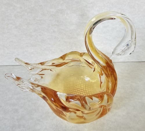 Swan Art Glass Orange Clear Glass Hand Blown Dish Candy Bowl Trinket - Thumbnail 7