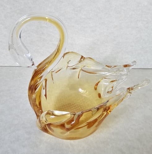 Swan Art Glass Orange Clear Glass Hand Blown Dish Candy Bowl Trinket