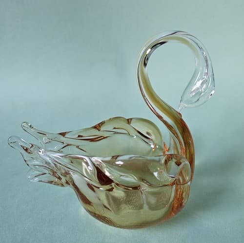 Swan Art Glass Orange Clear Glass Hand Blown Dish Candy Bowl Trinket - Thumbnail 3