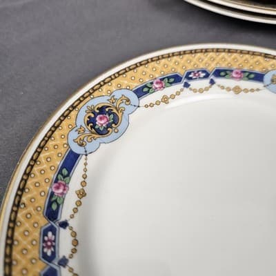 T&V Limoges Dessert Plates 6" Blue & Gold Garland with Pink Roses Set of 4 - Thumbnail 2