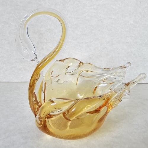 Swan Art Glass Orange Clear Glass Hand Blown Dish Candy Bowl Trinket - Thumbnail 8