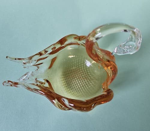 Swan Art Glass Orange Clear Glass Hand Blown Dish Candy Bowl Trinket - Thumbnail 4