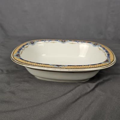 T&V Limoges Serving Bowl Blue & Gold Garland with Pink Roses 9.25" x 7.5"
