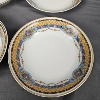 T&V Limoges 5" Fruit Dessert Bowls Blue & Gold Garland with Pink Roses Set of 4 - Thumbnail 2