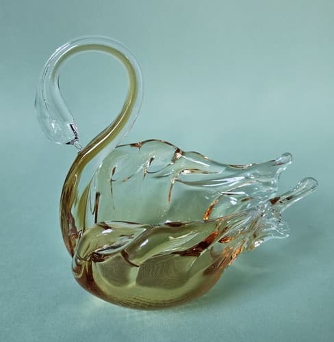 Swan Art Glass Orange Clear Glass Hand Blown Dish Candy Bowl Trinket - Thumbnail 2