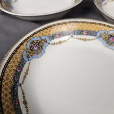 T&V Limoges 5" Fruit Dessert Bowls Blue & Gold Garland with Pink Roses Set of 3 - Thumbnail 3