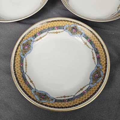 T&V Limoges 5" Fruit Dessert Bowls Blue & Gold Garland with Pink Roses Set of 3 - Thumbnail 2