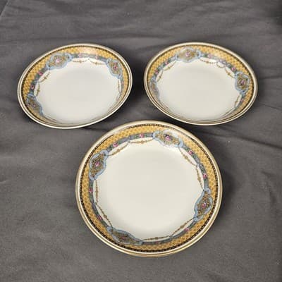 T&V Limoges 5" Fruit Dessert Bowls Blue & Gold Garland with Pink Roses Set of 3