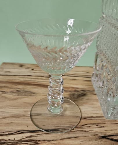 Vintage Crystal Glass Square Cut Liquor Decanter & Stopper with 2 Glasses - Thumbnail 3