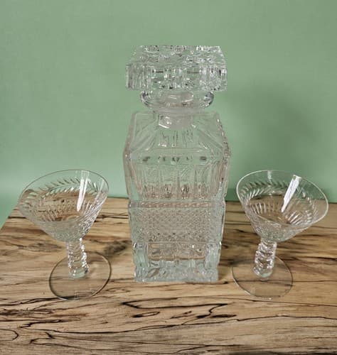 Vintage Crystal Glass Square Cut Liquor Decanter & Stopper with 2 Glasses - Thumbnail 2