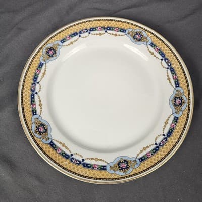 T&V Limoges Salad Plate 7.5" Blue & Gold Garland with Pink Roses