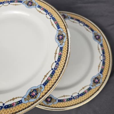 T&V Limoges Lunch Plates 8.75" Blue & Gold Garland with Pink Roses Set of 2 - Thumbnail 4